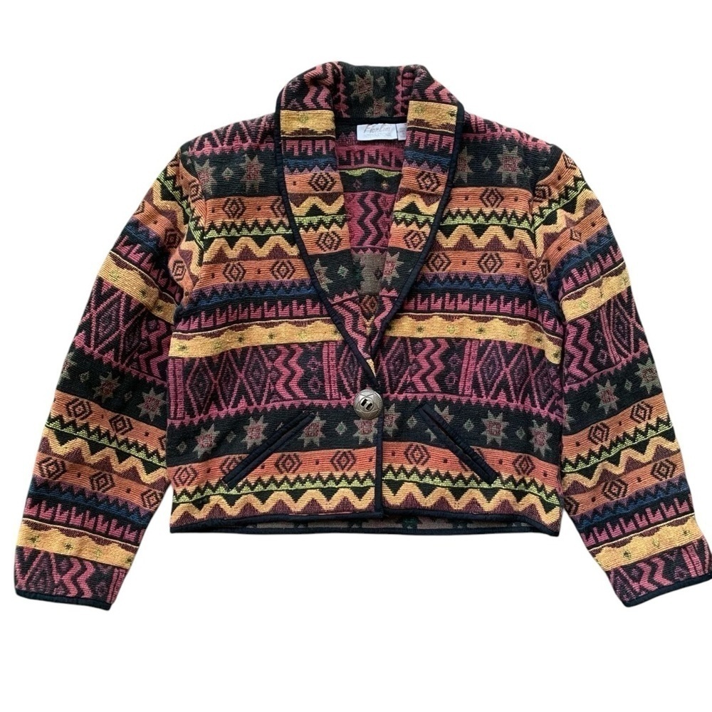 Fiorlini International Southwest Tapestry Cropped Striped Buttoned Coat Jacket M